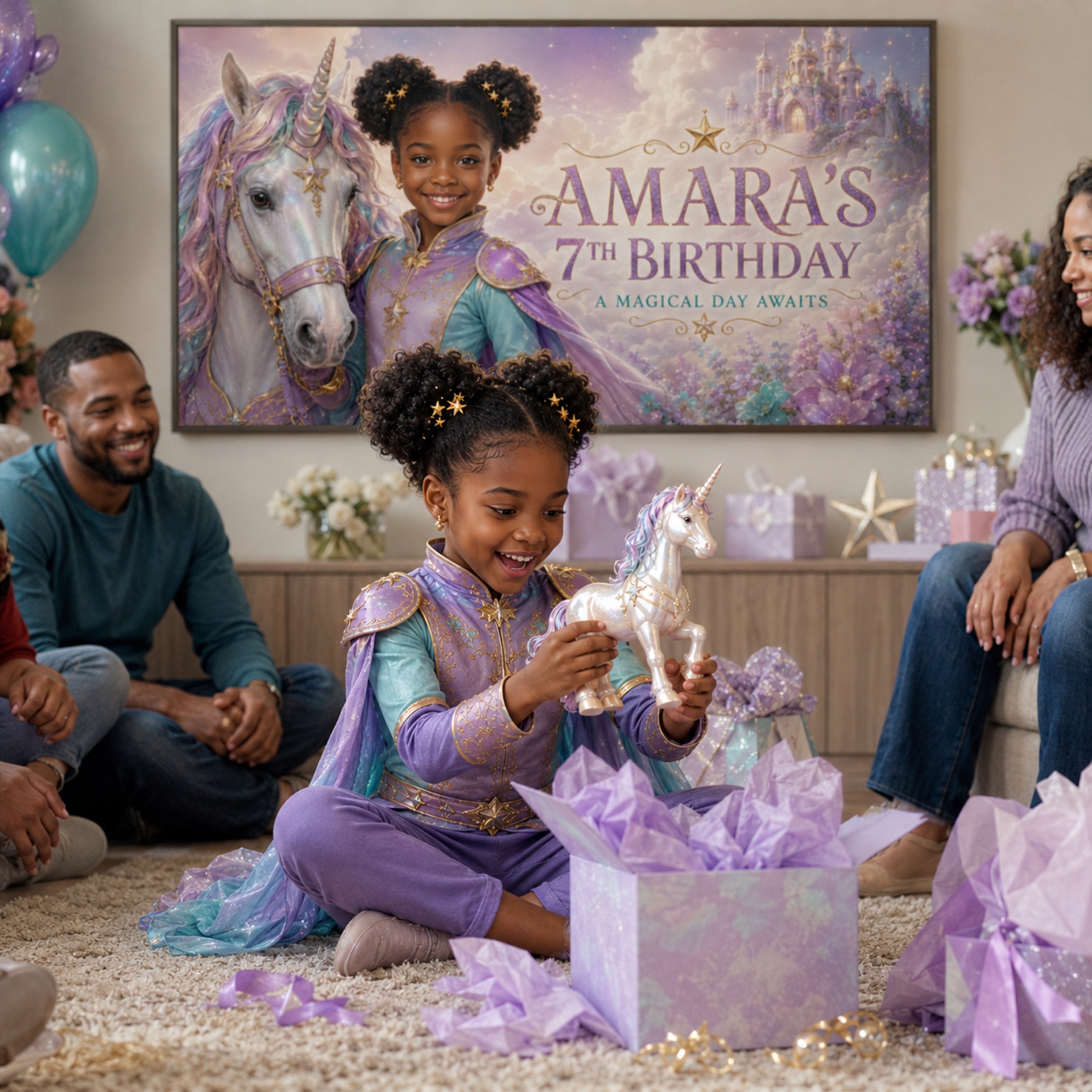 A child enjoying a magical custom birthday Frame TV artwork with her family