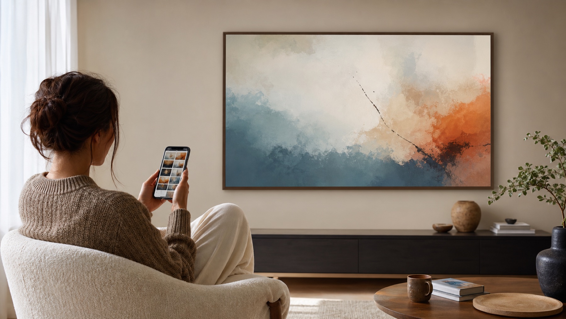 A person browsing television artwork on a phone in front of a framed television