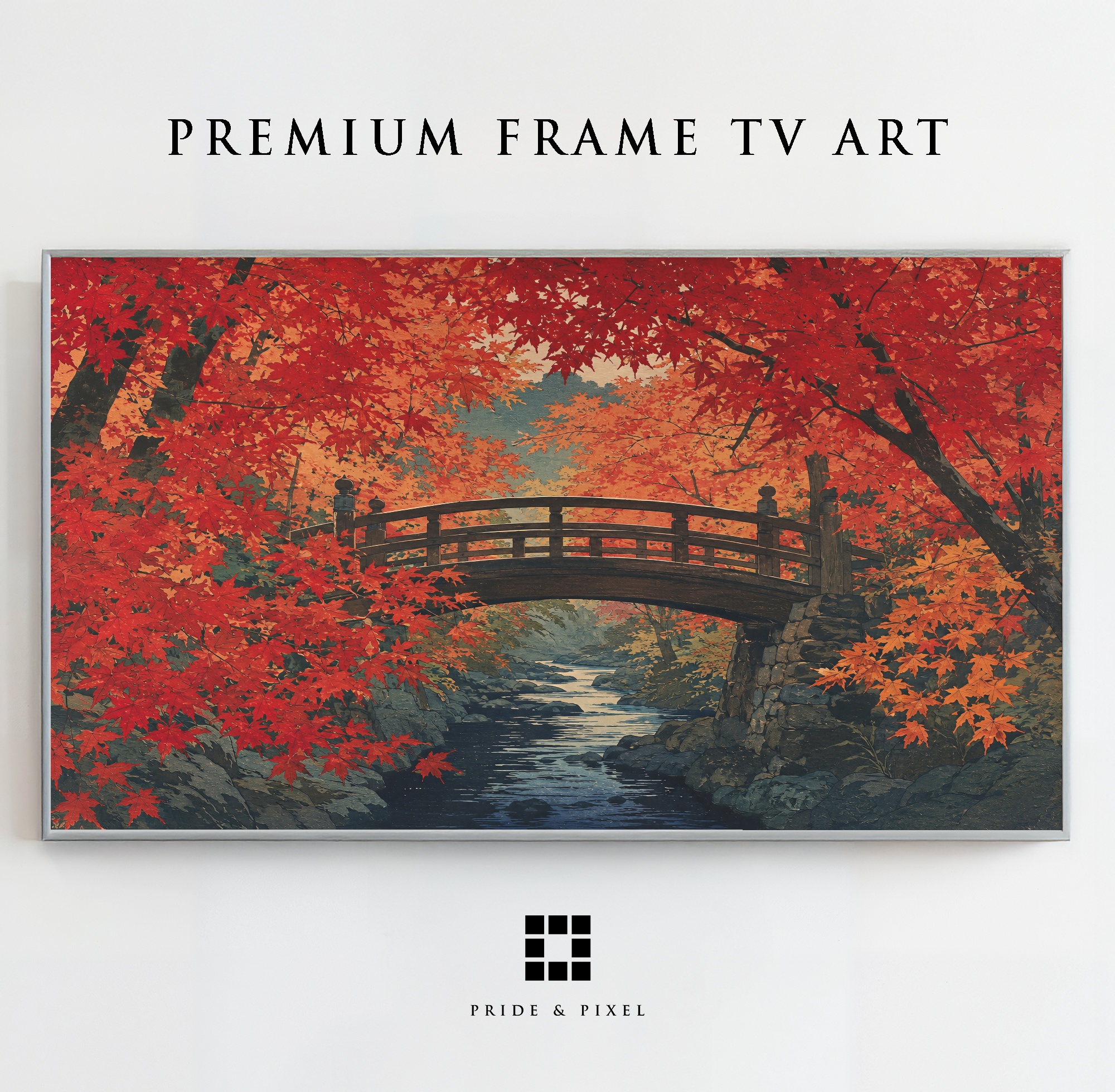 A Japanese bridge surrounded by glowing autumn maple leaves