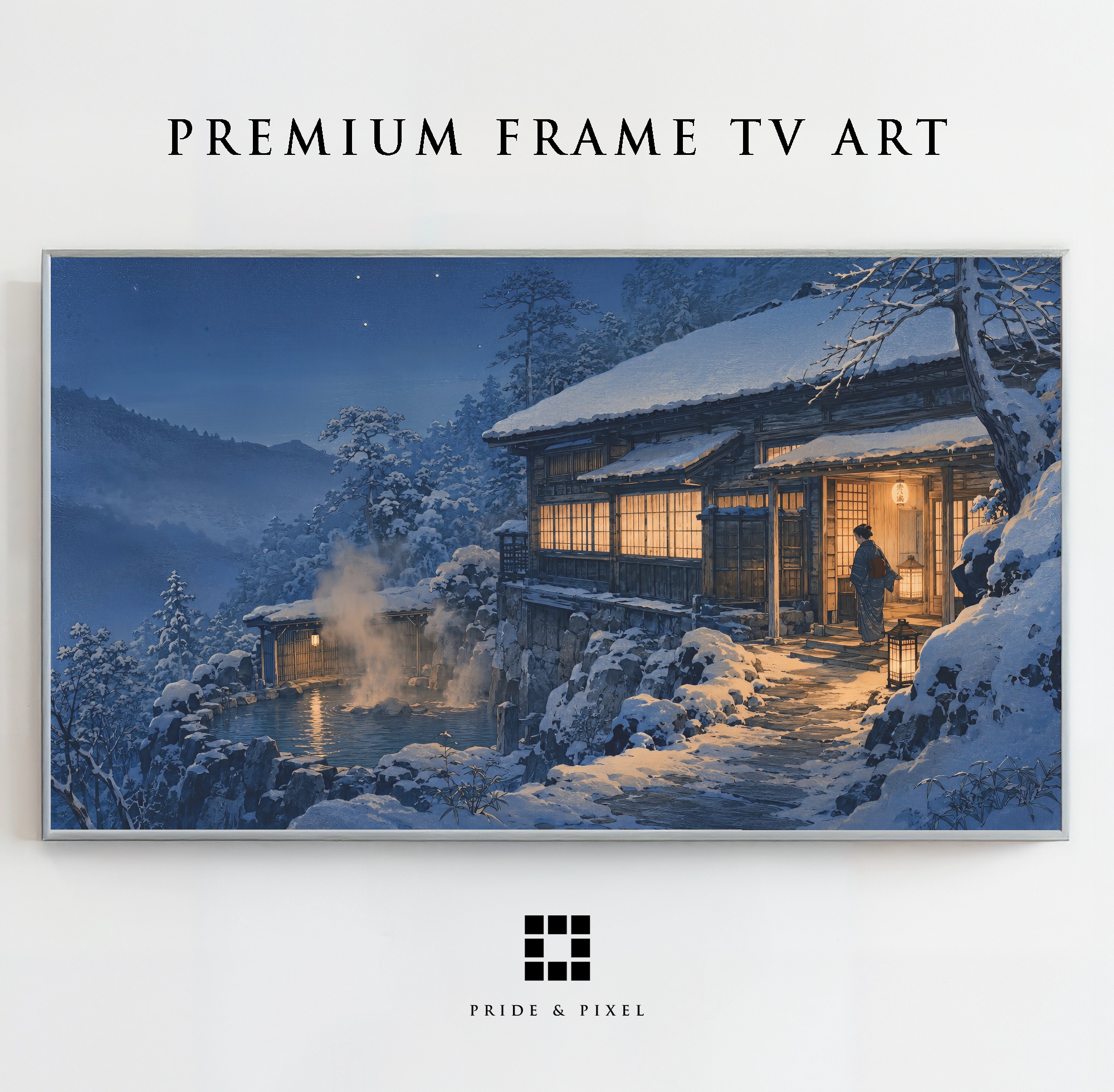 A warmly lit Japanese onsen village in winter snow